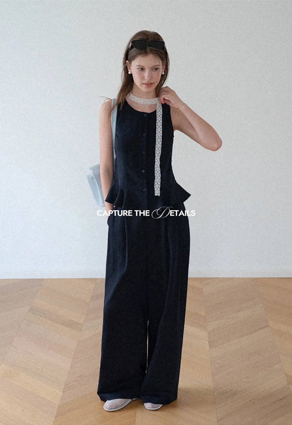 Peplum Hem Button Front Tank Top Wide Leg Casual Pants