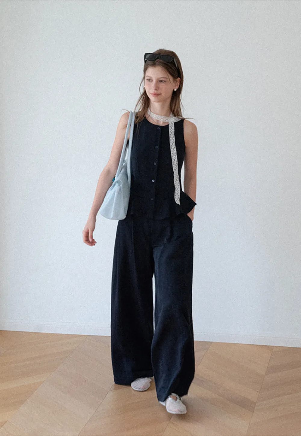 Peplum Hem Button Front Tank Top Wide Leg Casual Pants