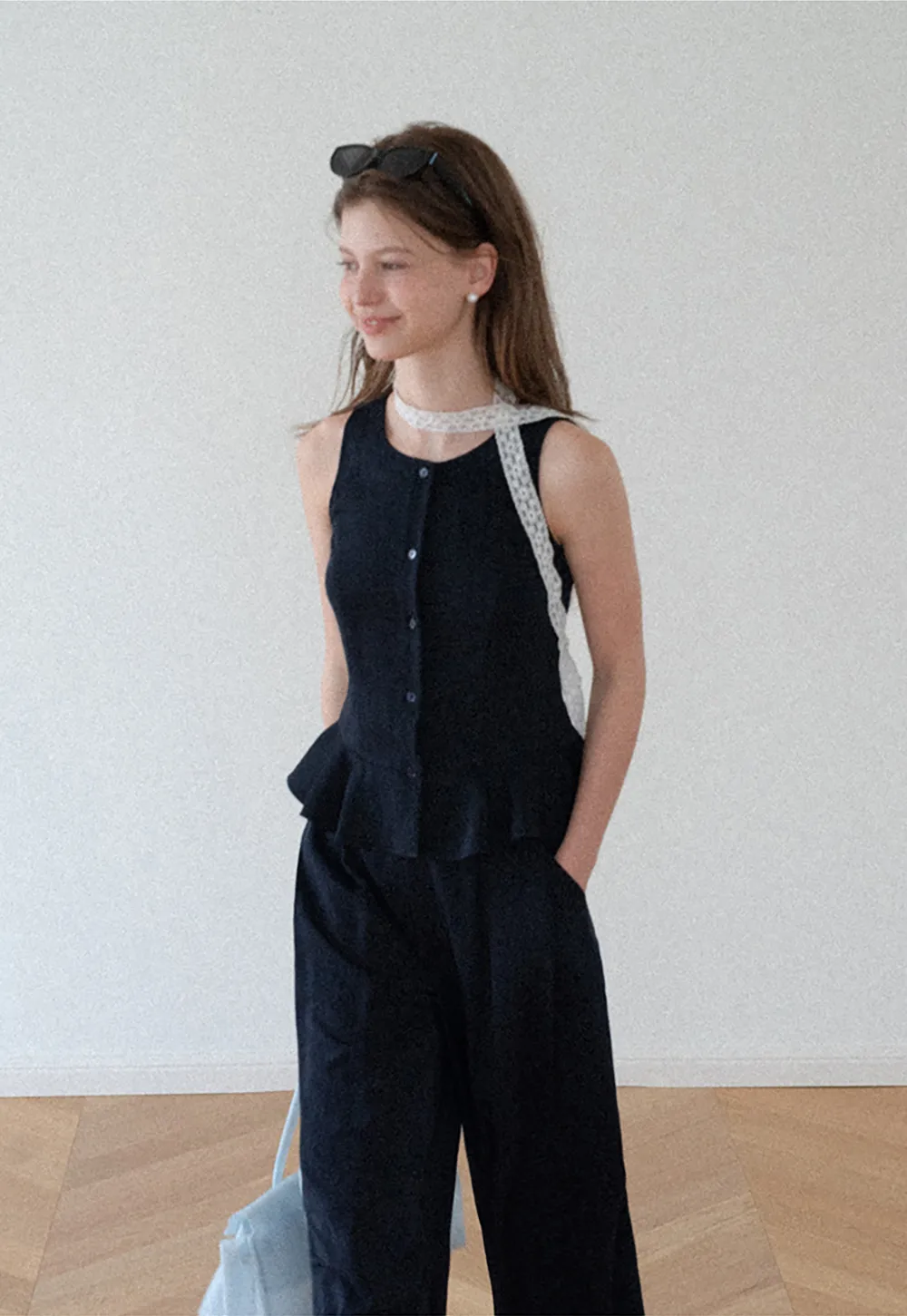 Peplum Hem Button Front Tank Top Wide Leg Casual Pants