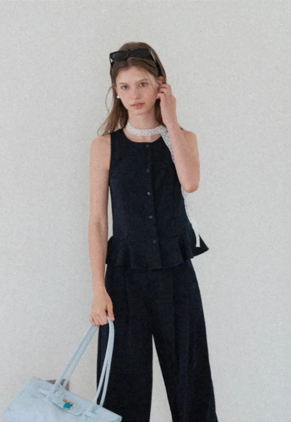 Peplum Hem Button Front Tank Top Wide Leg Casual Pants