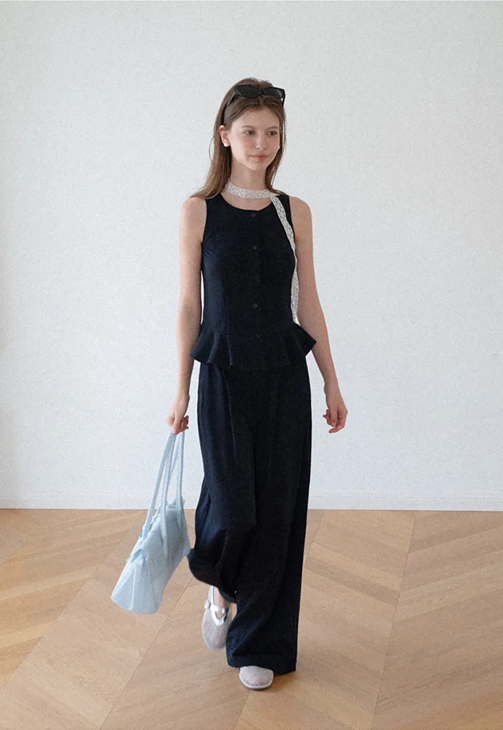 Peplum Hem Button Front Tank Top Wide Leg Casual Pants