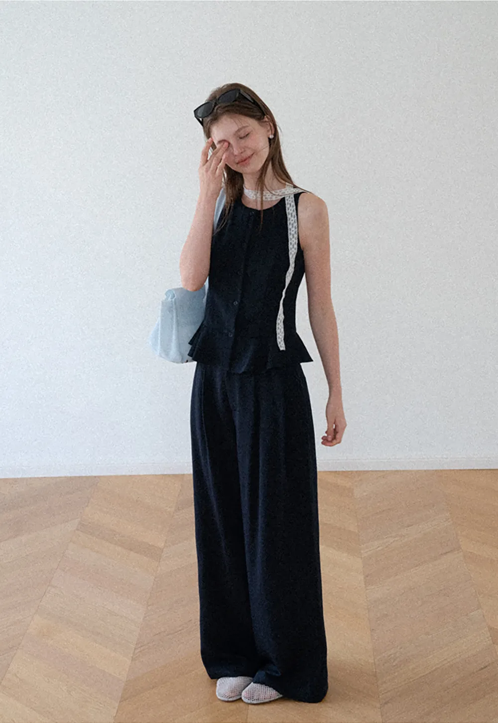Peplum Hem Button Front Tank Top Wide Leg Casual Pants