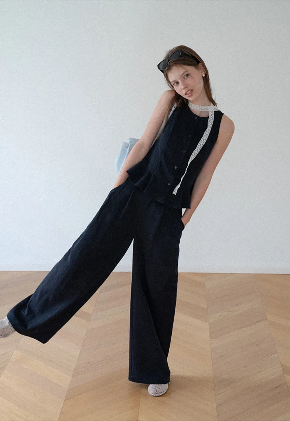 Peplum Hem Button Front Tank Top Wide Leg Casual Pants
