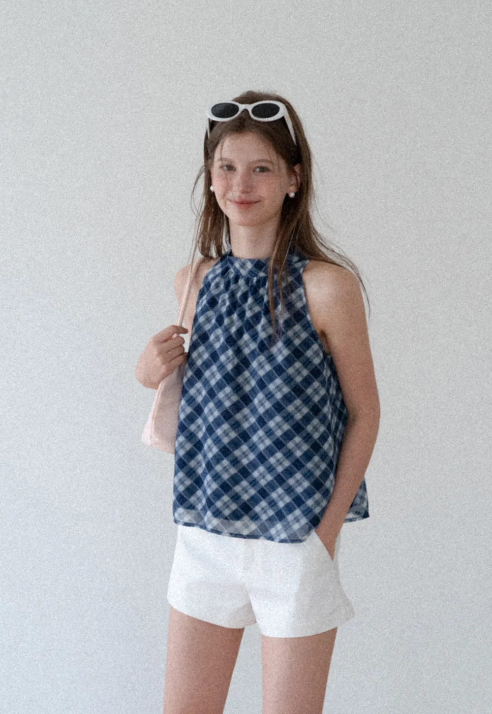 Gingham Print Halter Neck Sleeveless Top