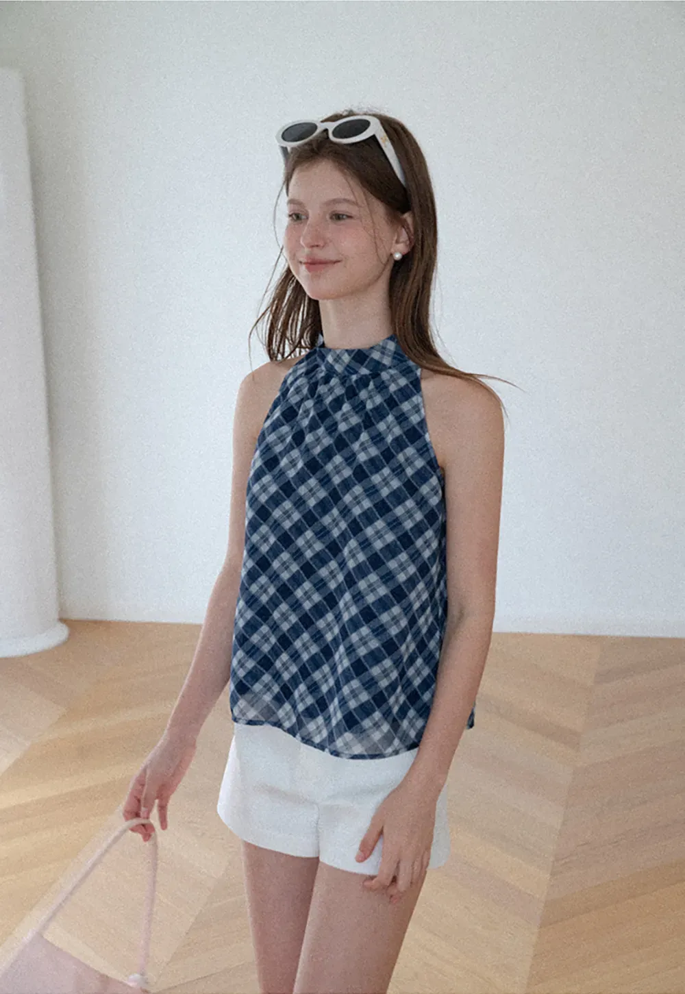 Gingham Print Halter Neck Sleeveless Top