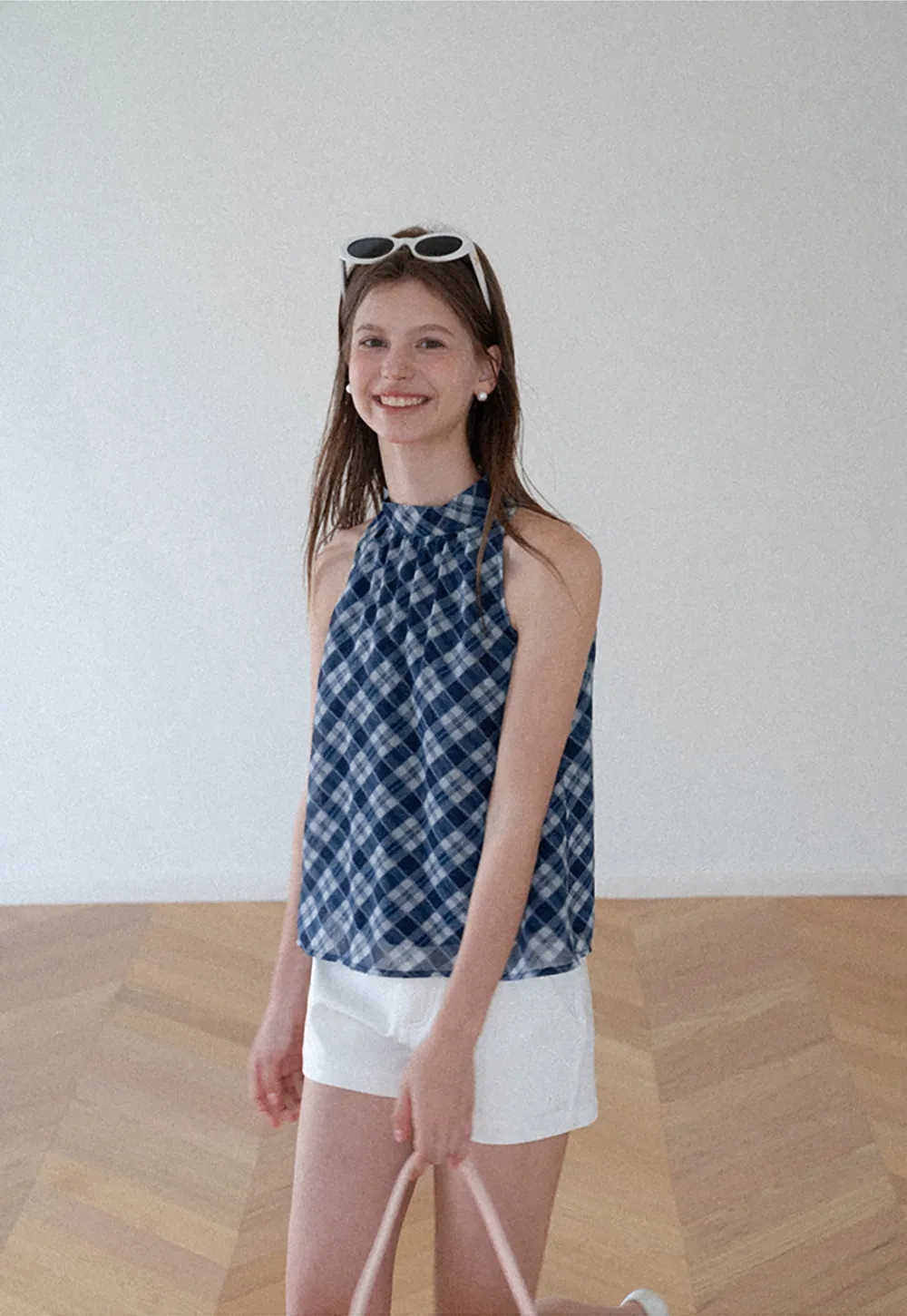 Gingham Print Halter Neck Sleeveless Top
