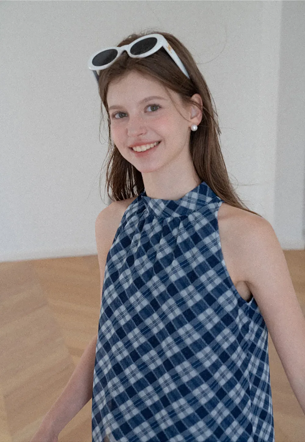 Gingham Print Halter Neck Sleeveless Top