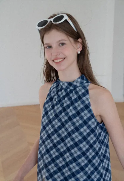 Gingham Print Halter Neck Sleeveless Top