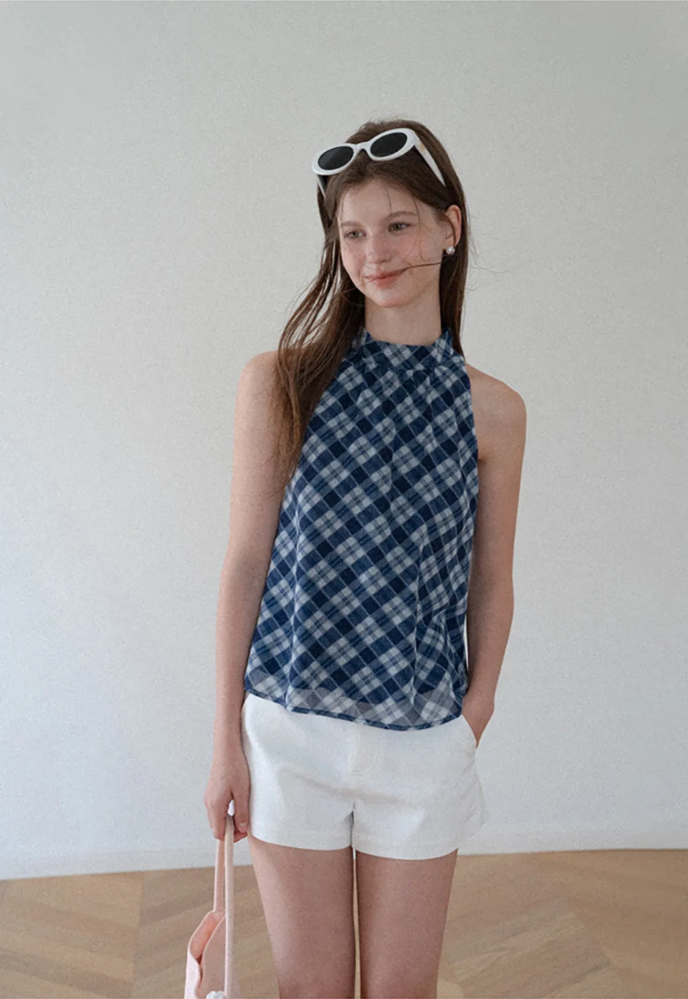 Gingham Print Halter Neck Sleeveless Top