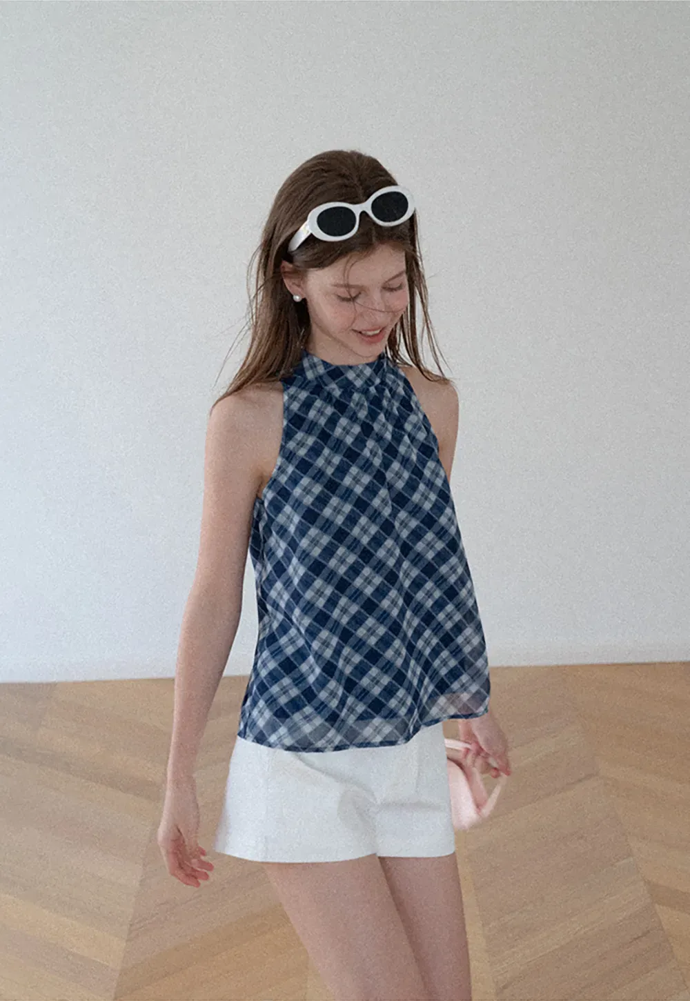Gingham Print Halter Neck Sleeveless Top