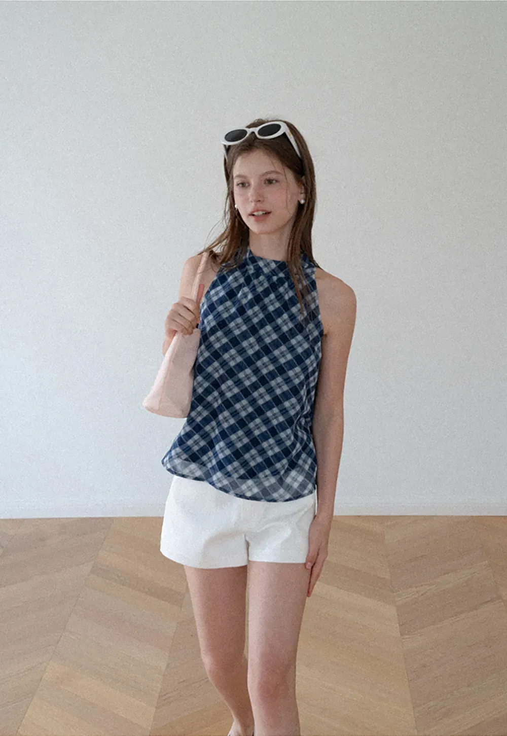 Gingham Print Halter Neck Sleeveless Top