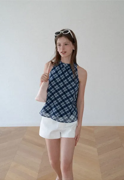 Gingham Print Halter Neck Sleeveless Top