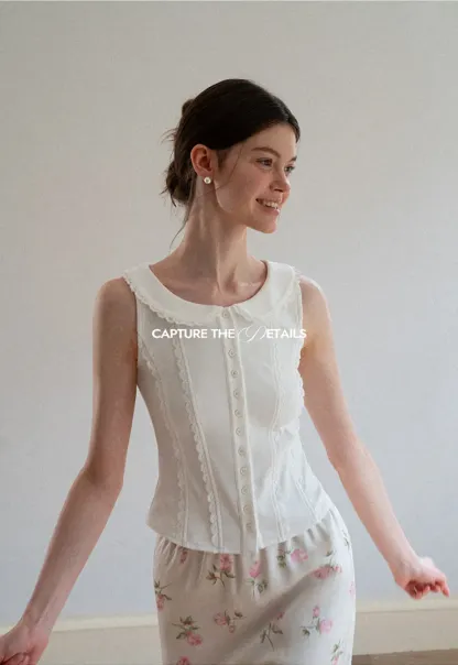 Lace Trim Peter Pan Collar Sleeveless Top