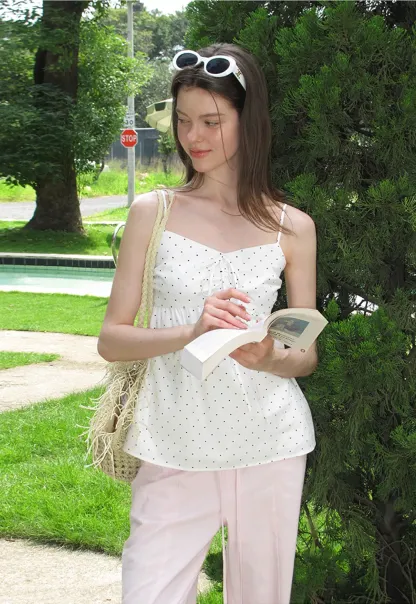 Polka Dot Print Drawstring Camisole Tank Top