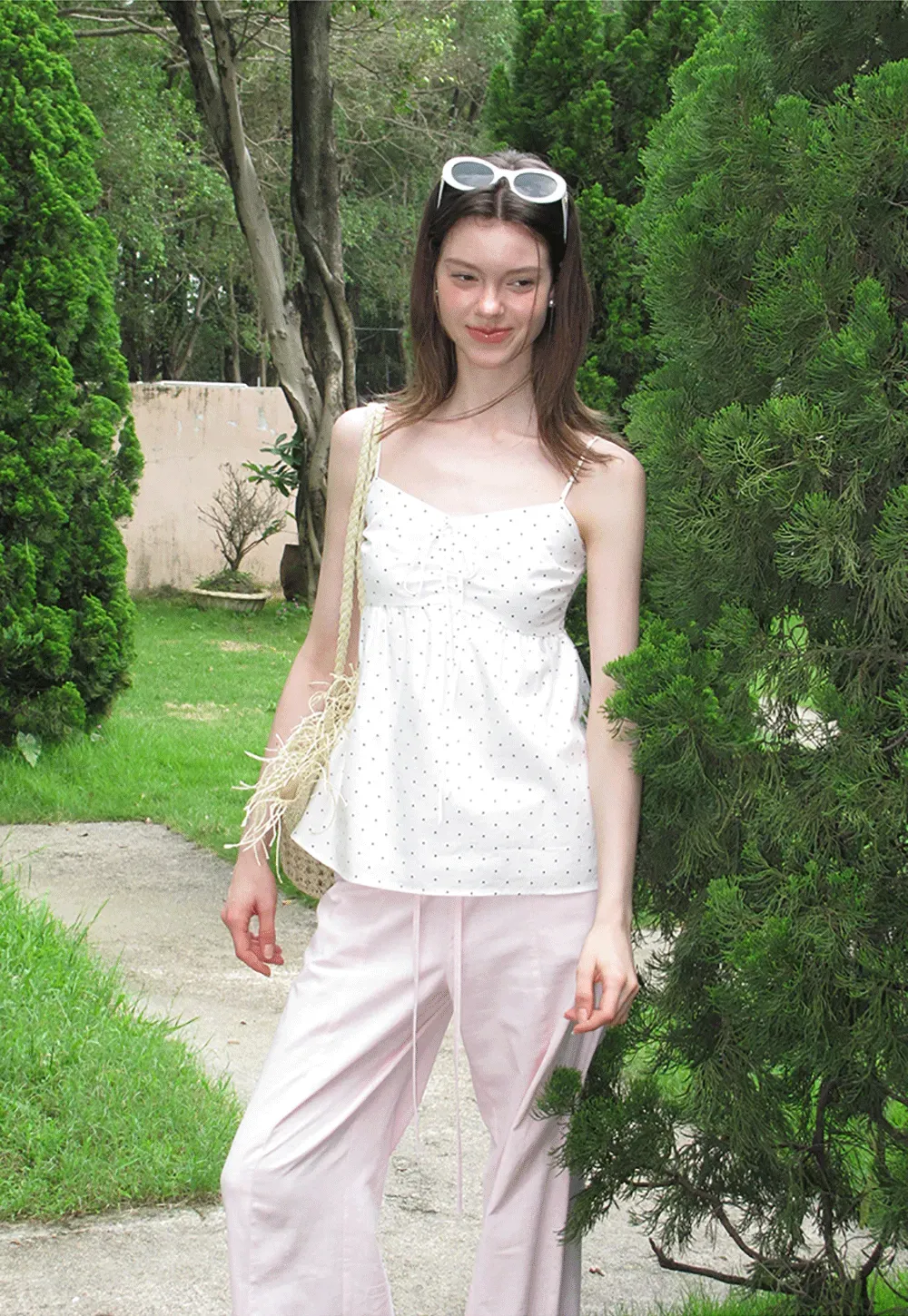 Polka Dot Print Drawstring Camisole Tank Top
