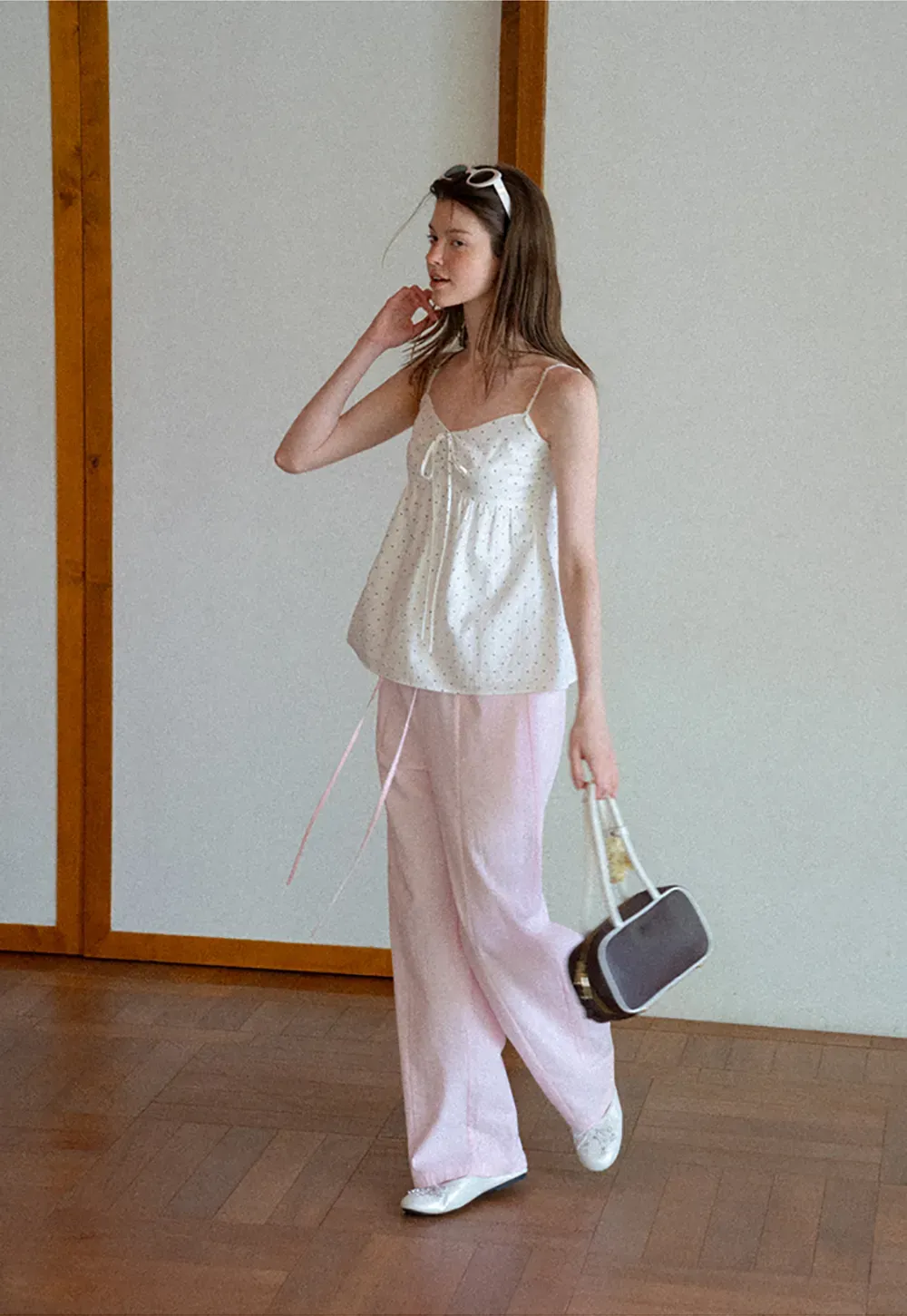 Polka Dot Print Drawstring Camisole Tank Top