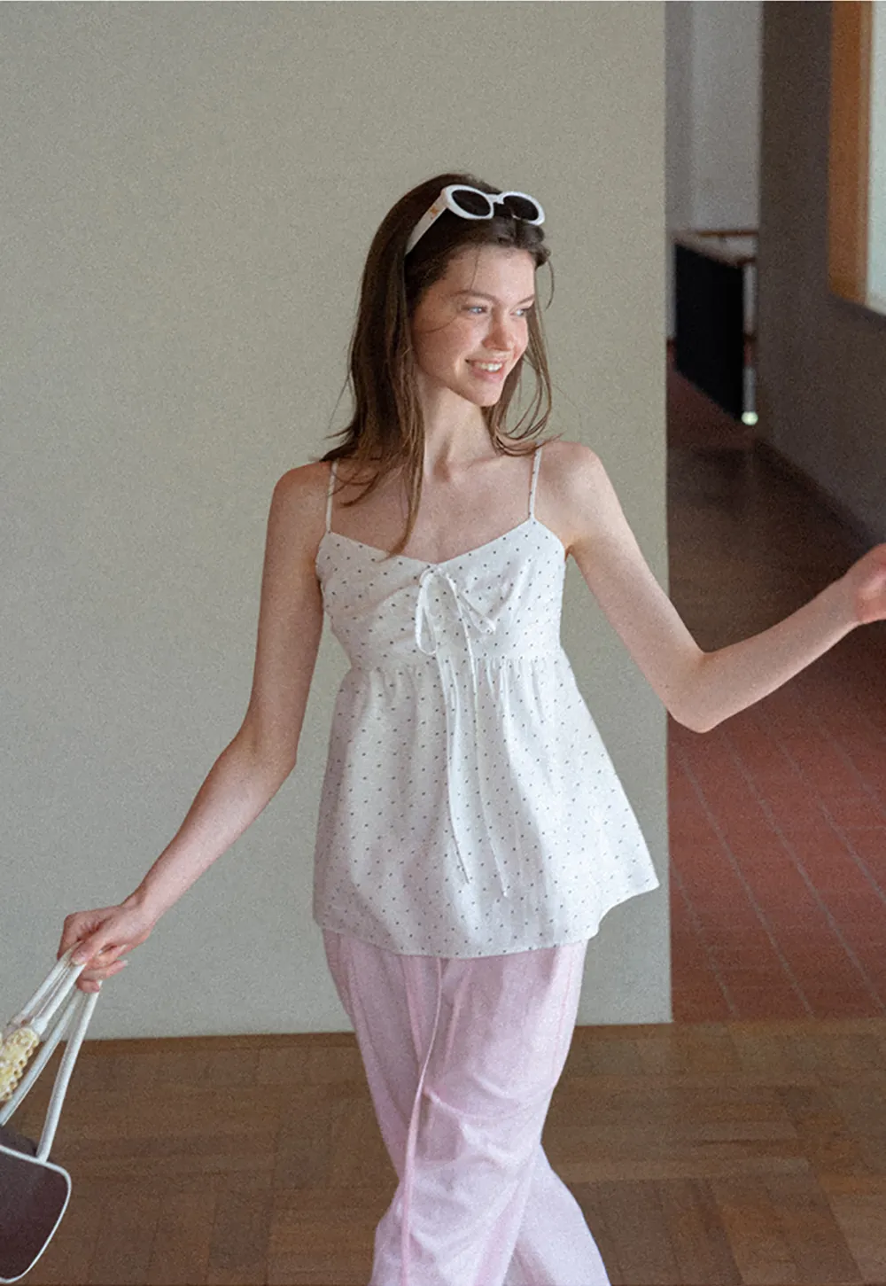 Polka Dot Print Drawstring Camisole Tank Top