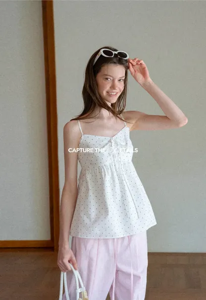 Polka Dot Print Drawstring Camisole Tank Top
