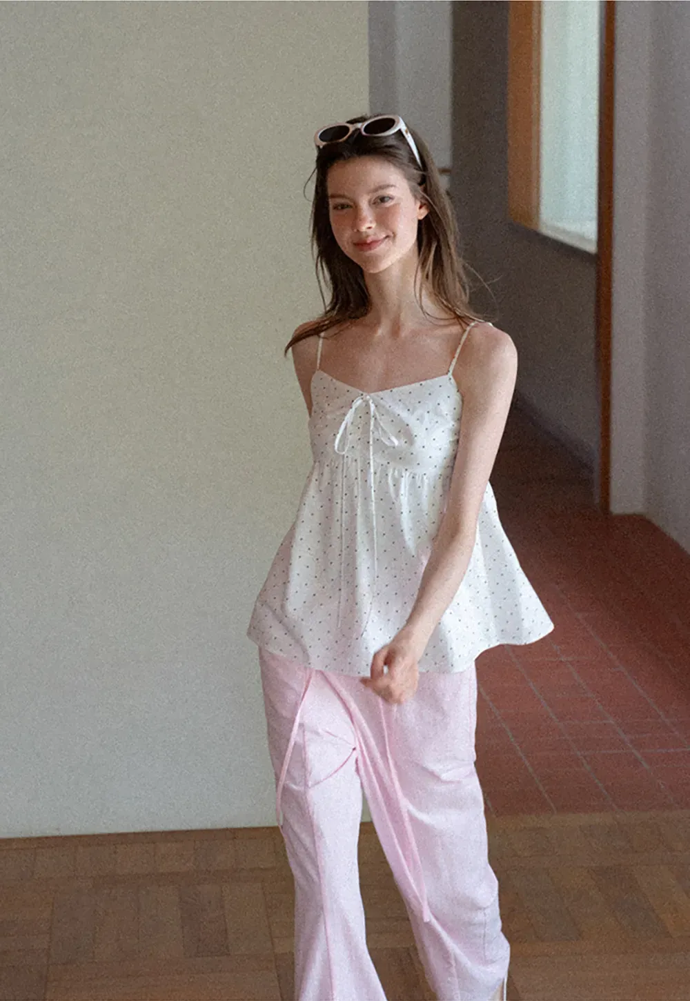 Polka Dot Print Drawstring Camisole Tank Top