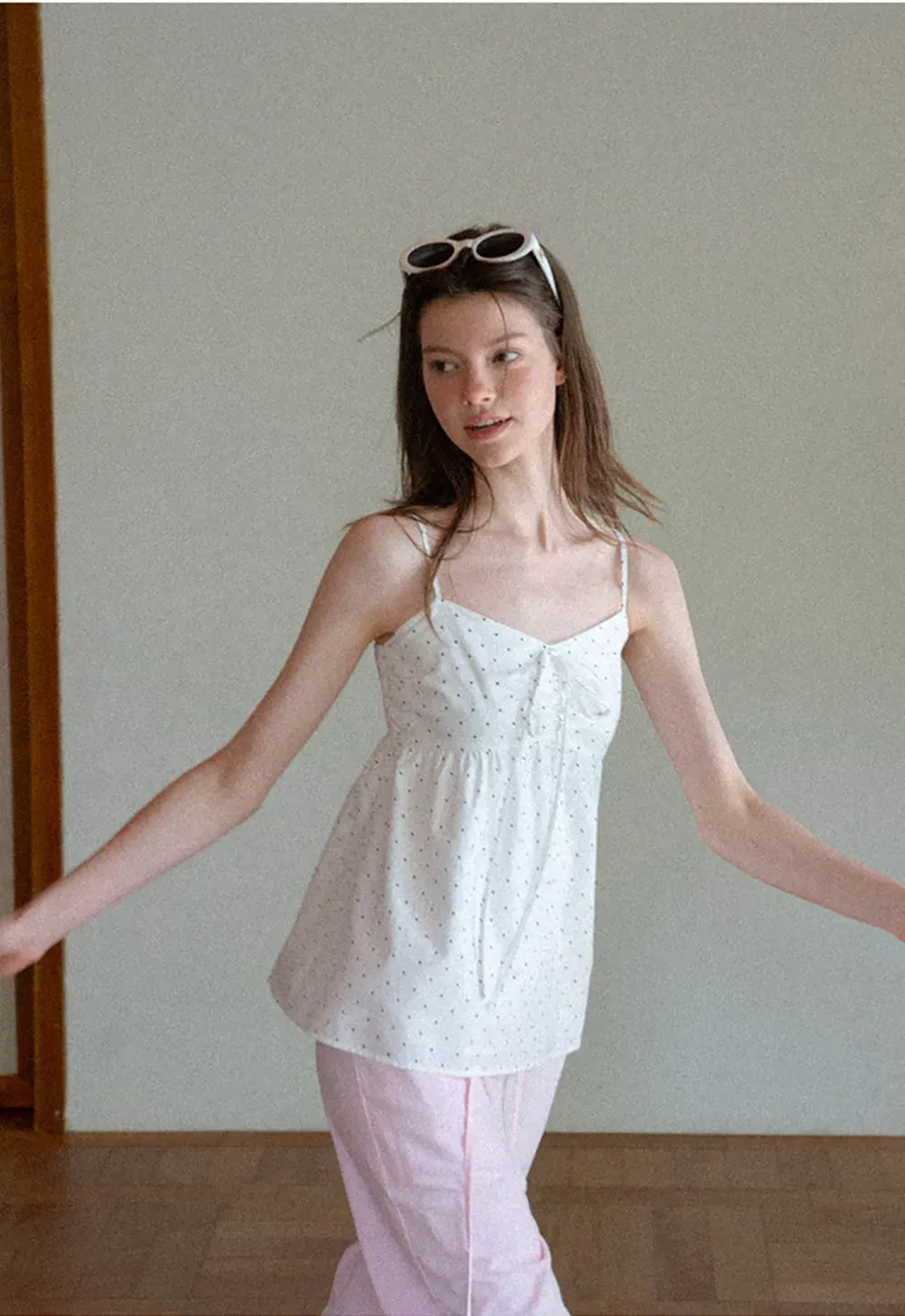 Polka Dot Print Drawstring Camisole Tank Top