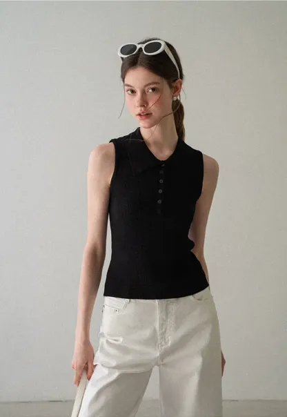 Ribbed Knit Collar Sleeveless Top