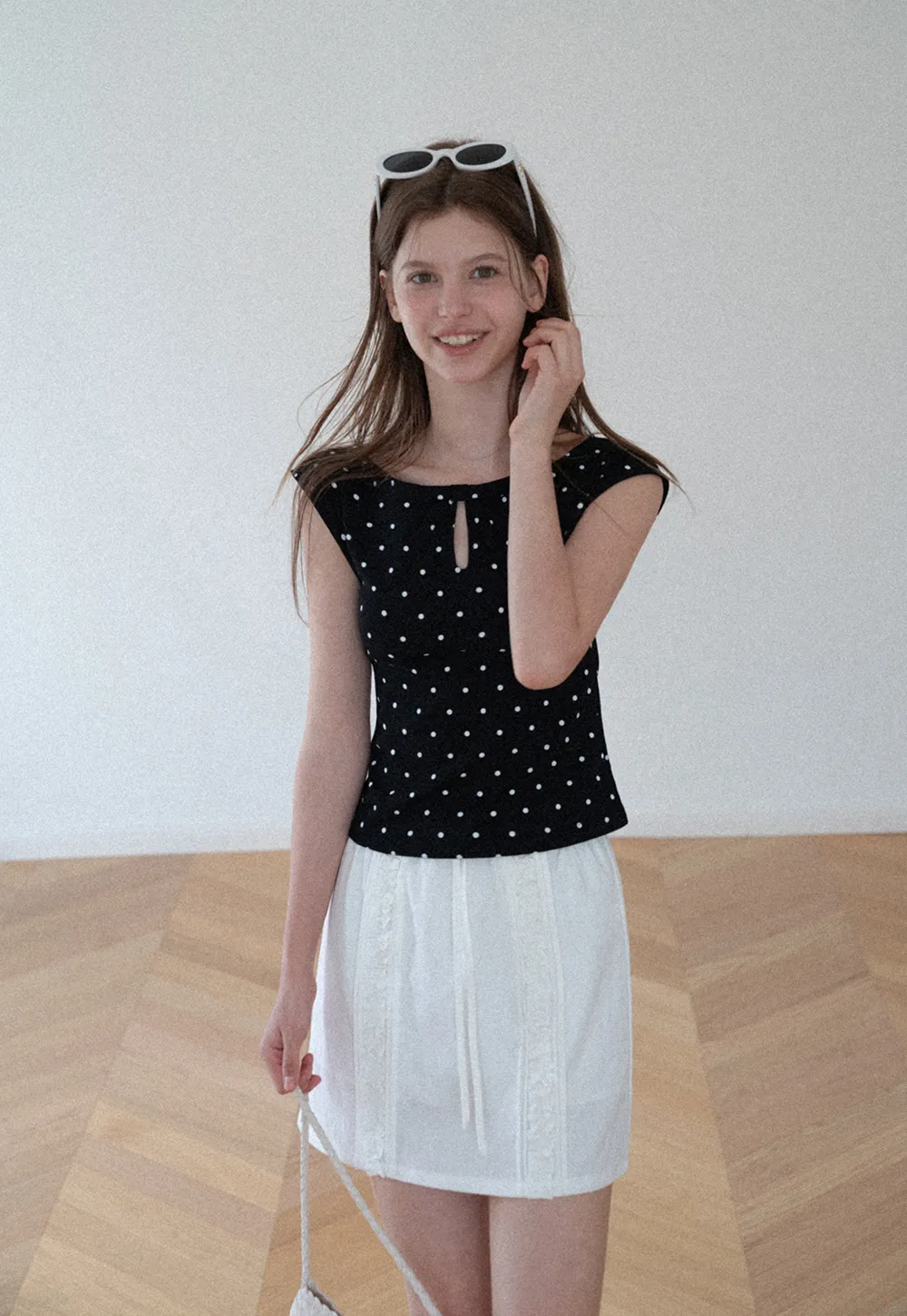 Polka Dot Print Keyhole Neck Cap Sleeve Tank Top