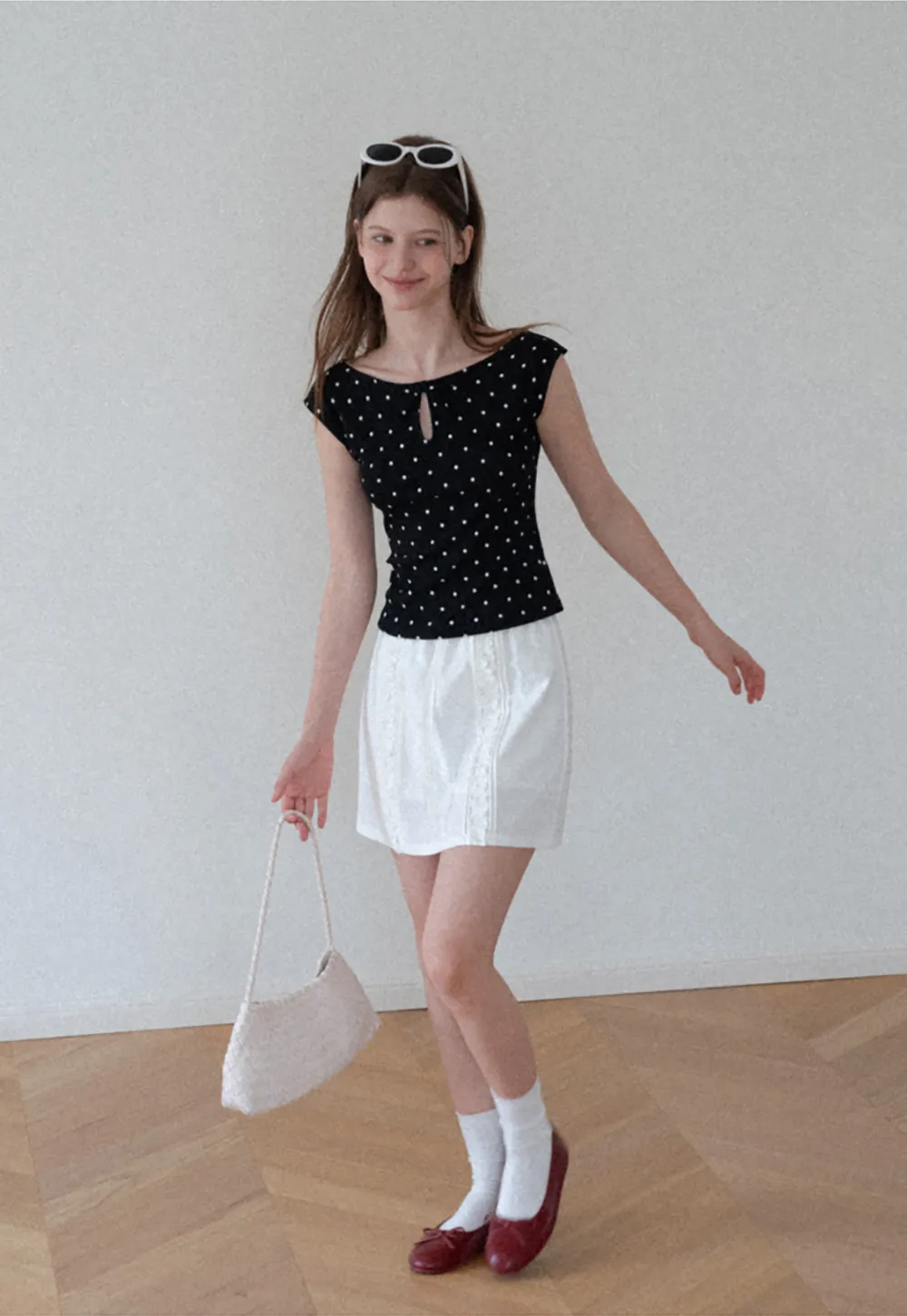 Polka Dot Print Keyhole Neck Cap Sleeve Tank Top