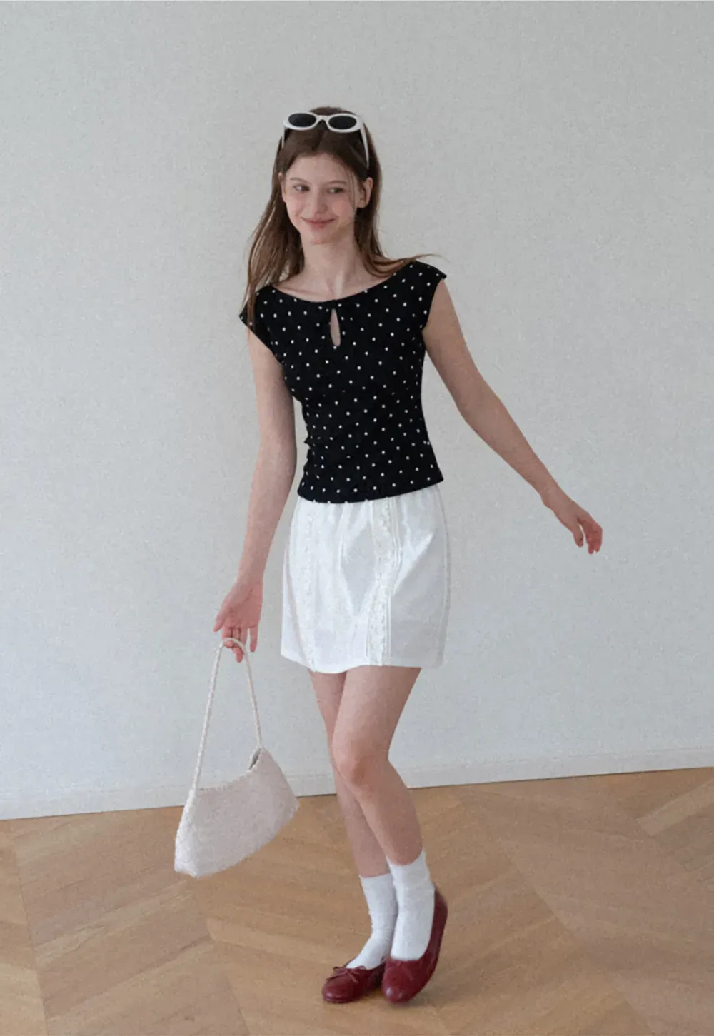 Polka Dot Print Keyhole Neck Cap Sleeve Tank Top