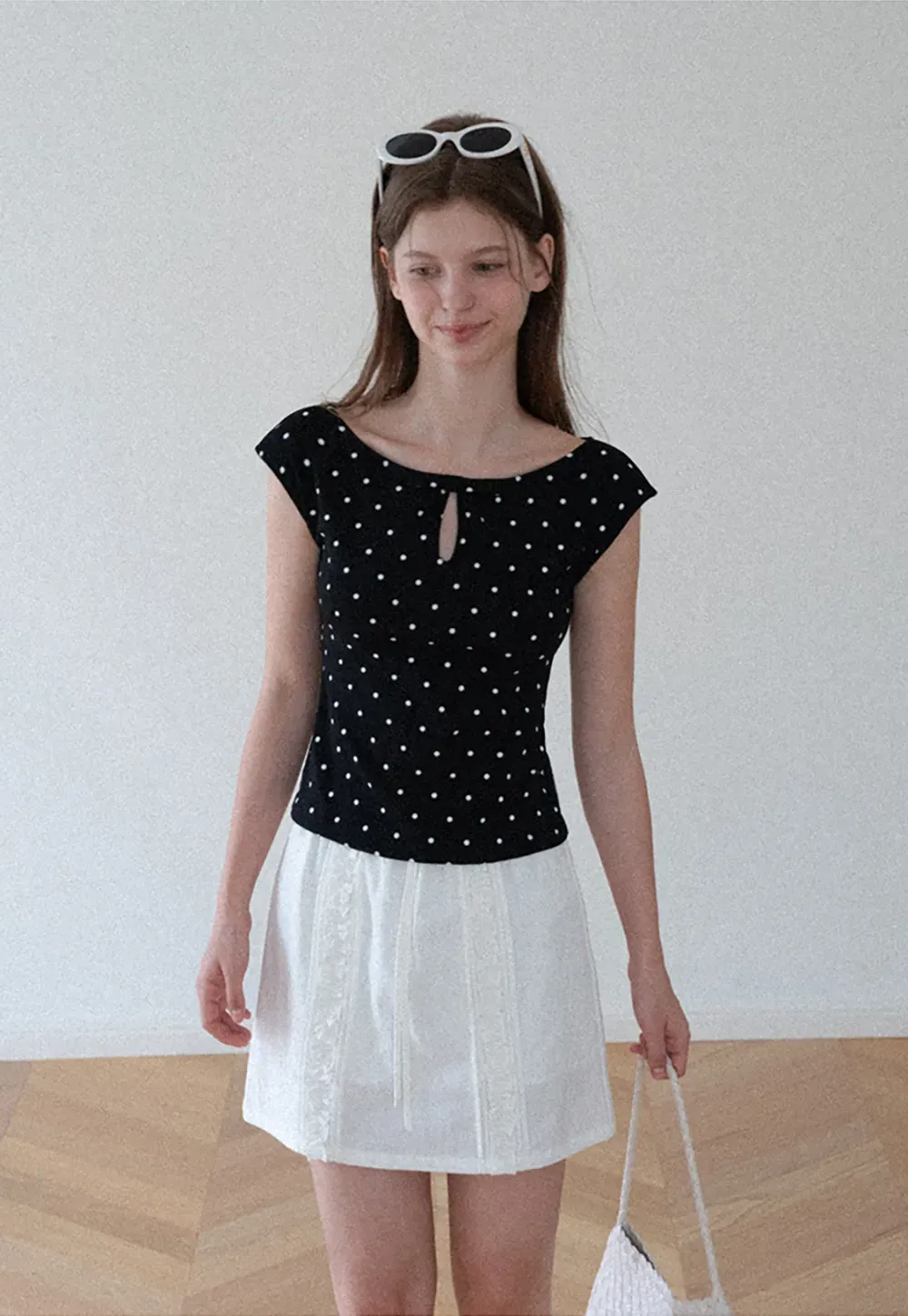 Polka Dot Print Keyhole Neck Cap Sleeve Tank Top