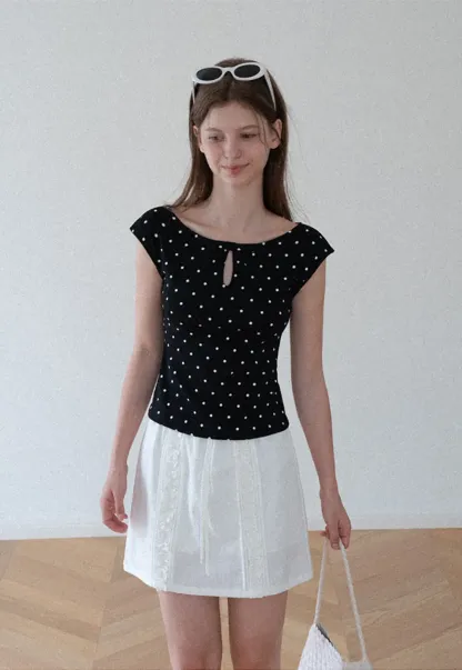 Polka Dot Print Keyhole Neck Cap Sleeve Tank Top