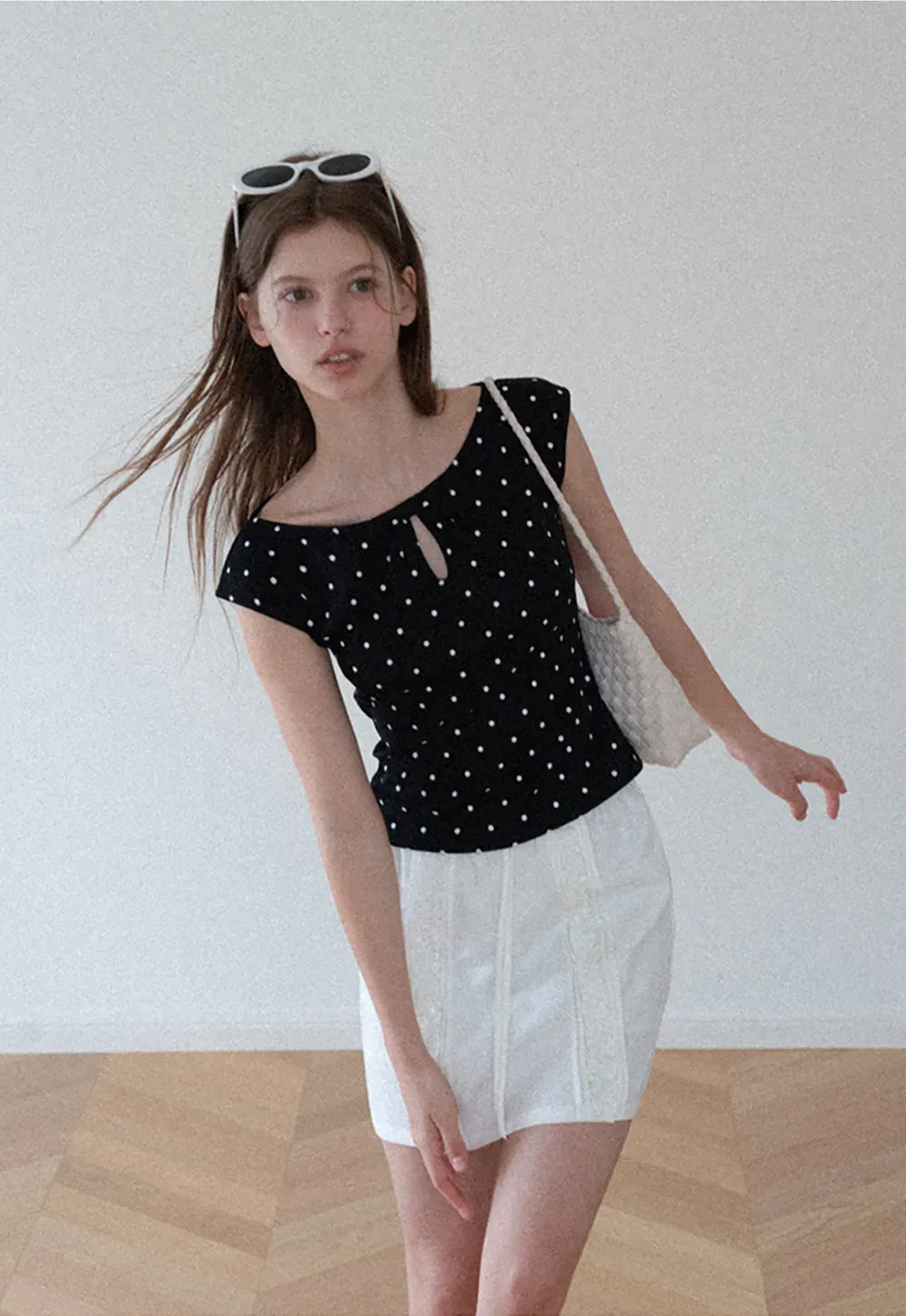 Polka Dot Print Keyhole Neck Cap Sleeve Tank Top