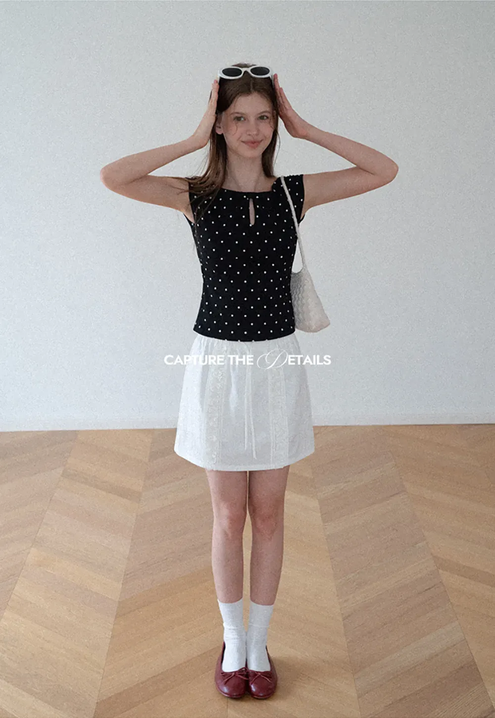 Polka Dot Print Keyhole Neck Cap Sleeve Tank Top