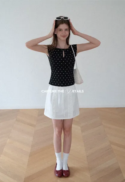 Polka Dot Print Keyhole Neck Cap Sleeve Tank Top