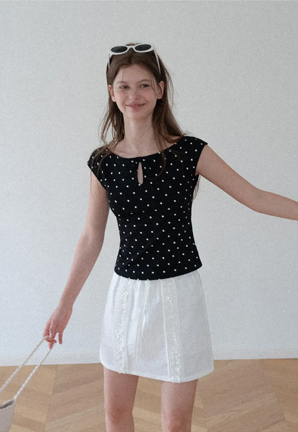 Polka Dot Print Keyhole Neck Cap Sleeve Tank Top