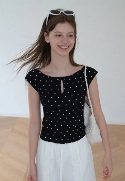 Polka Dot Print Keyhole Neck Cap Sleeve Tank Top