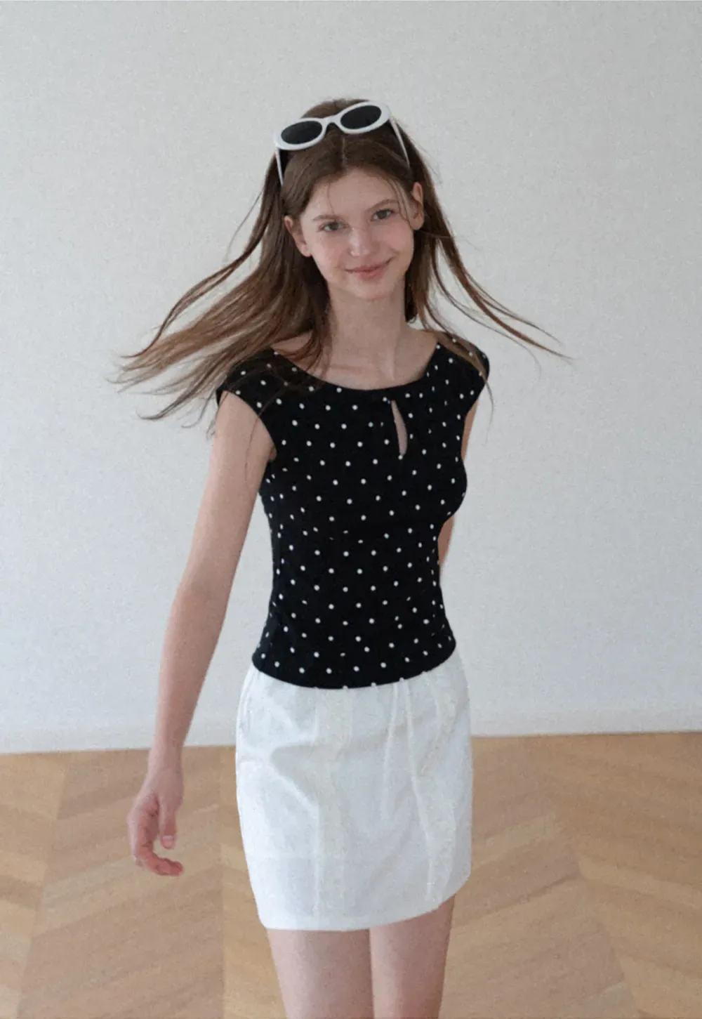 Polka Dot Print Keyhole Neck Cap Sleeve Tank Top