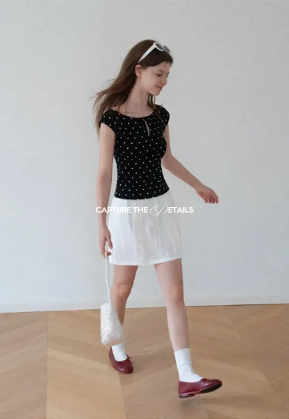 Polka Dot Print Keyhole Neck Cap Sleeve Tank Top