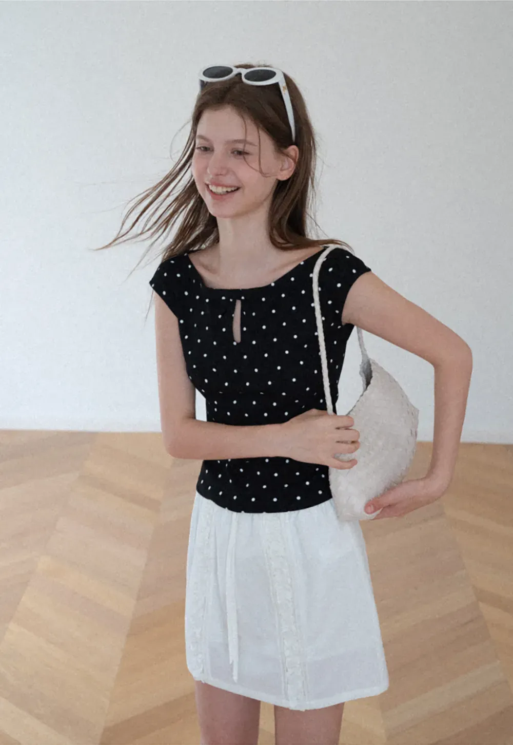 Polka Dot Print Keyhole Neck Cap Sleeve Tank Top