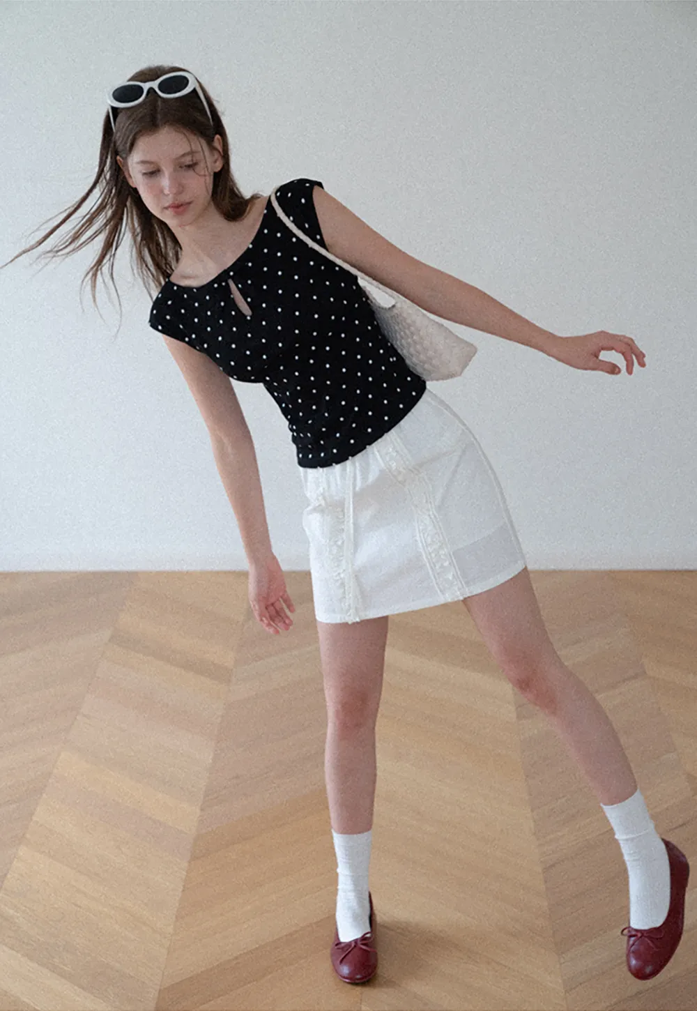 Polka Dot Print Keyhole Neck Cap Sleeve Tank Top