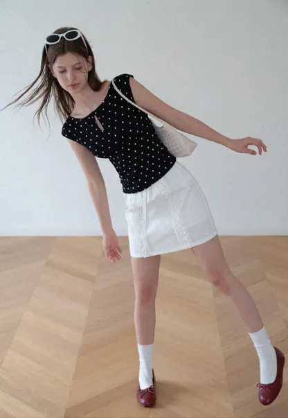 Polka Dot Print Keyhole Neck Cap Sleeve Tank Top