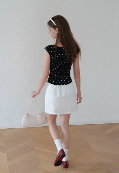 Polka Dot Print Keyhole Neck Cap Sleeve Tank Top