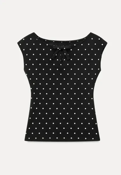 Polka Dot Print Keyhole Neck Cap Sleeve Tank Top
