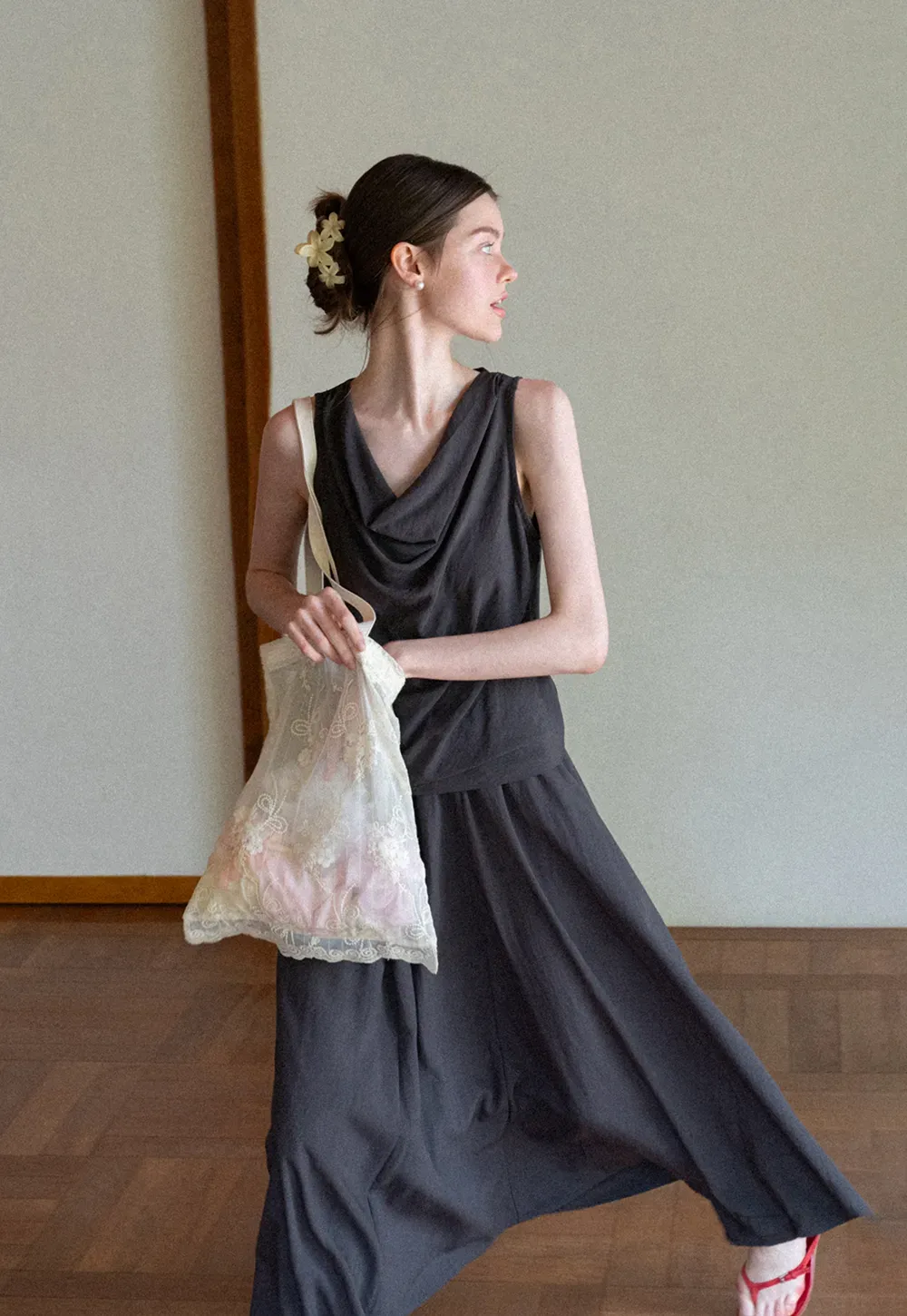 Draped V Neck Sleeveless Top And Flowing A Line Skirt Set