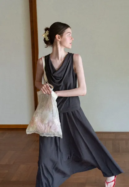 Draped V Neck Sleeveless Top And Flowing A Line Skirt Set