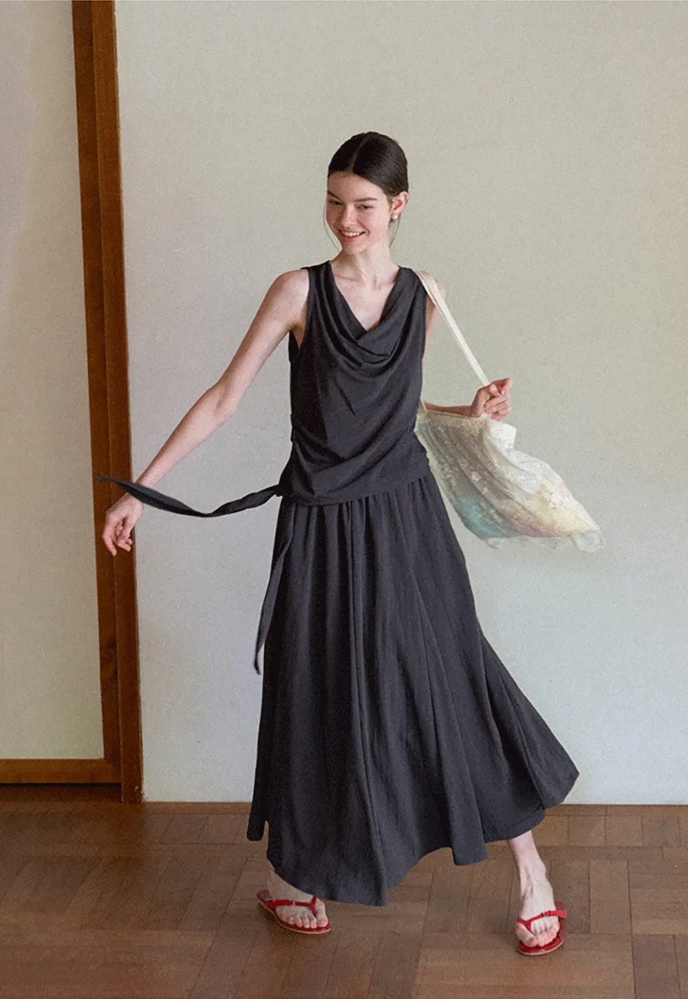 Draped V Neck Sleeveless Top And Flowing A Line Skirt Set