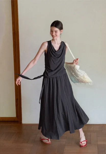 Draped V Neck Sleeveless Top And Flowing A Line Skirt Set