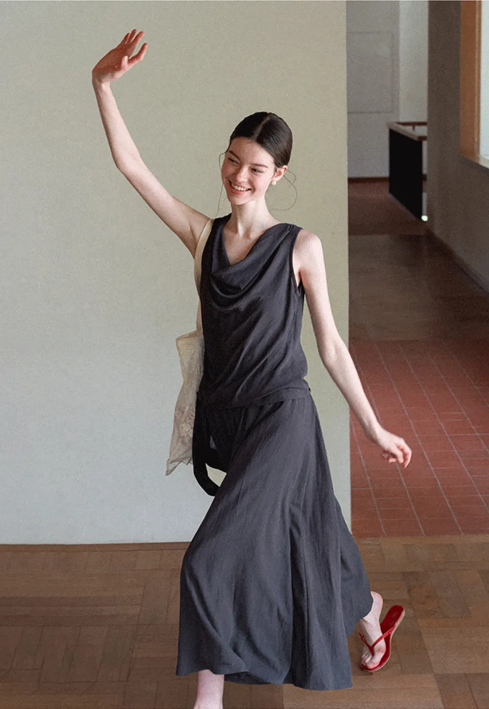 Draped V Neck Sleeveless Top And Flowing A Line Skirt Set