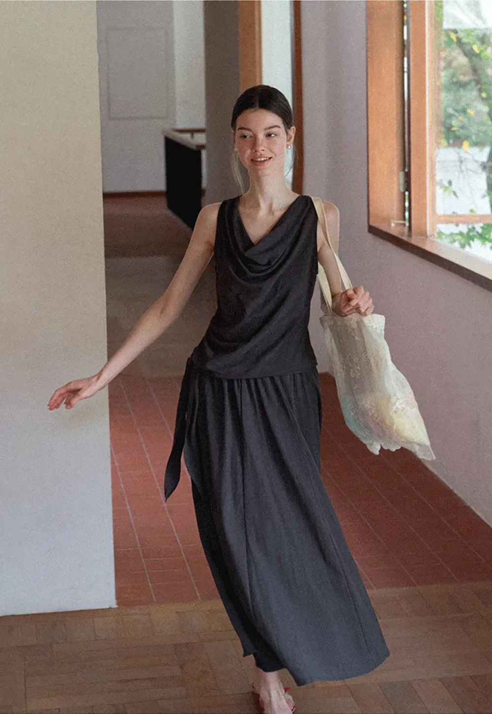 Draped V Neck Sleeveless Top And Flowing A Line Skirt Set