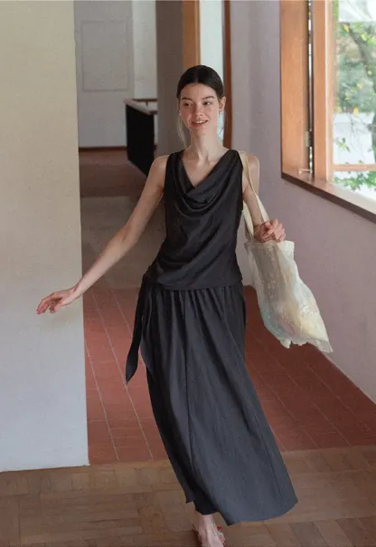 Draped V Neck Sleeveless Top And Flowing A Line Skirt Set