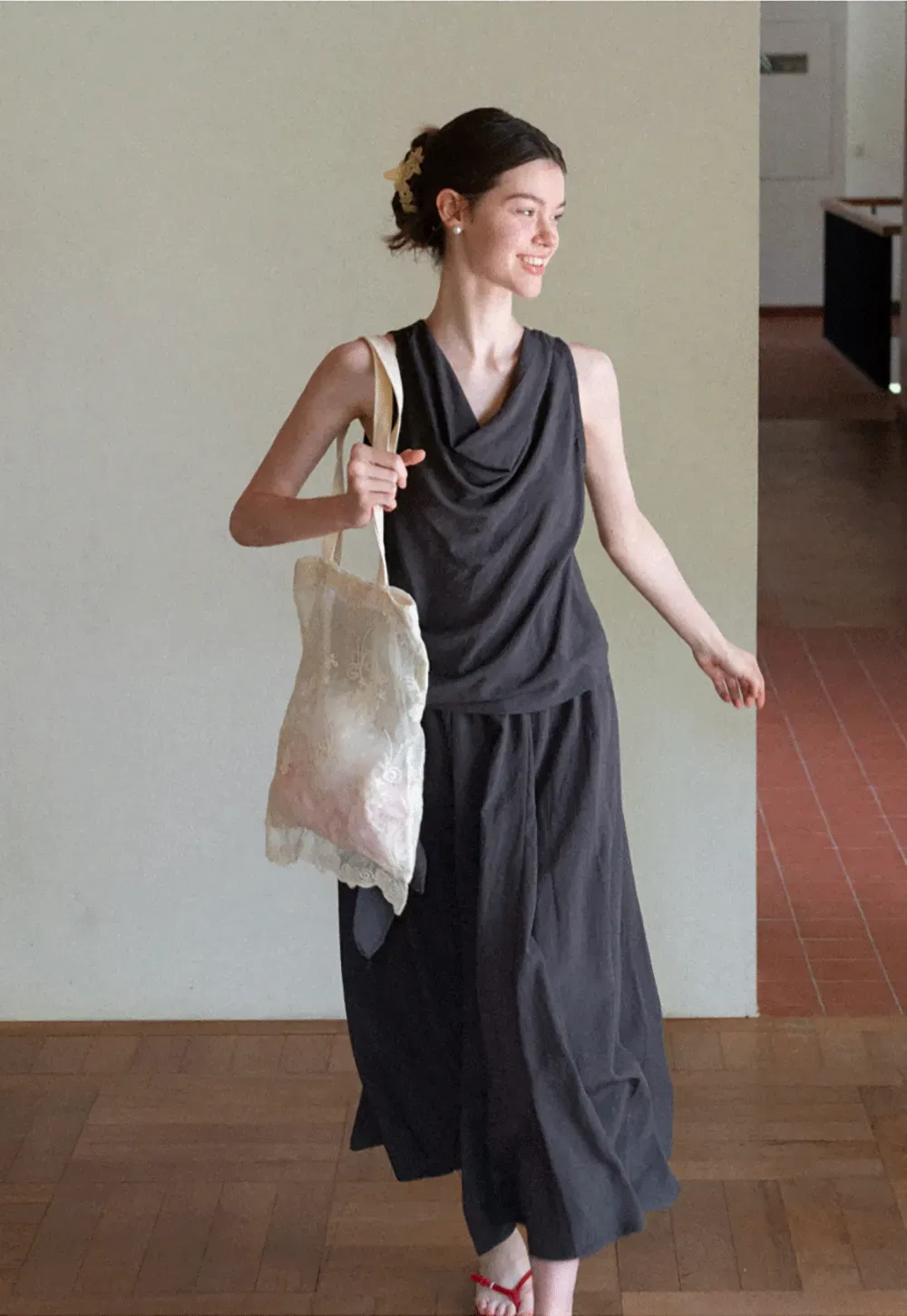 Draped V Neck Sleeveless Top And Flowing A Line Skirt Set
